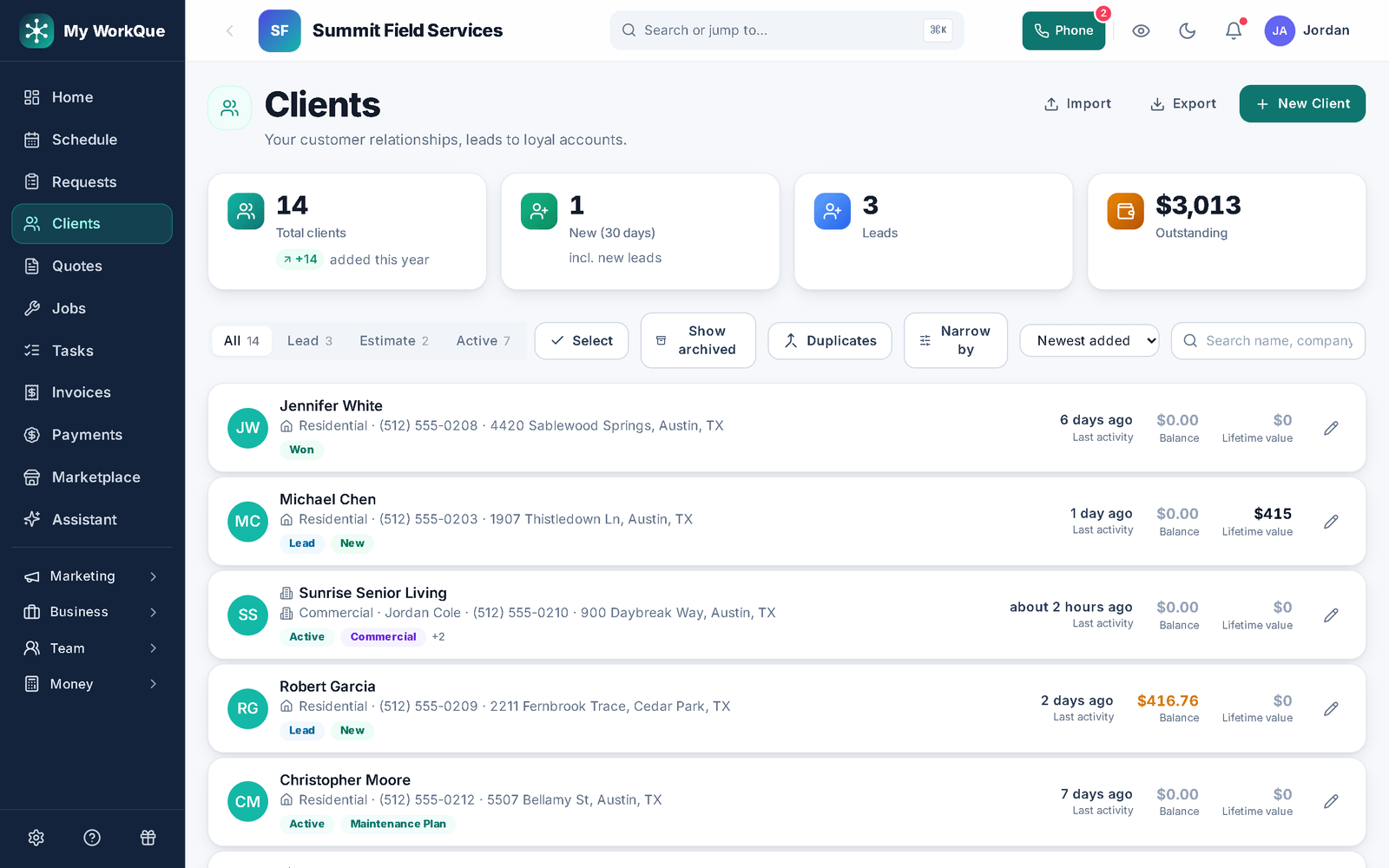 The clients list with names, tags, last activity and lifetime value, and the import and export buttons