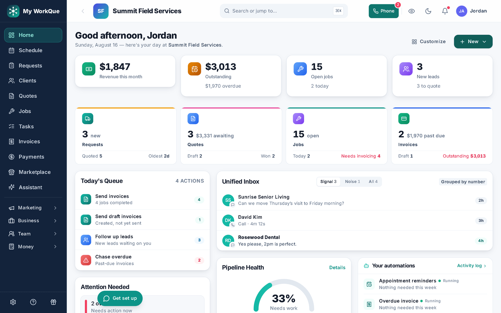 The My WorkQue dashboard on the desktop: revenue this month, outstanding, open jobs and new leads, tiles for requests, quotes, jobs and invoices, Today's Queue, the unified inbox, pipeline health and a Your automations panel — the same account the crew is using on their phones.