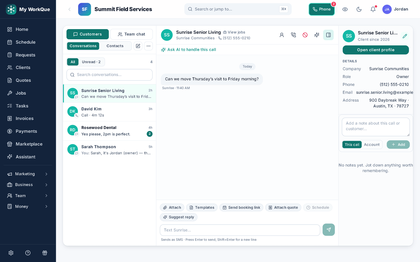 The My WorkQue inbox: customer conversations — texts and calls — in one list, the open thread with the customer's text and a reply box that sends as SMS, quick actions like Send booking link and Attach quote, and the customer's details and notes beside it.