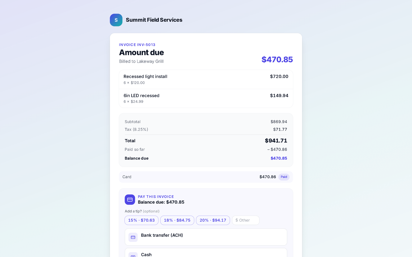 What the customer sees on their invoice: Amount due at the top, the line items, subtotal, tax and total with Paid so far and Balance due, a card payment already marked Paid, then Pay this invoice with an optional tip and the payment methods the business offers, starting with Bank transfer (ACH) and Cash.