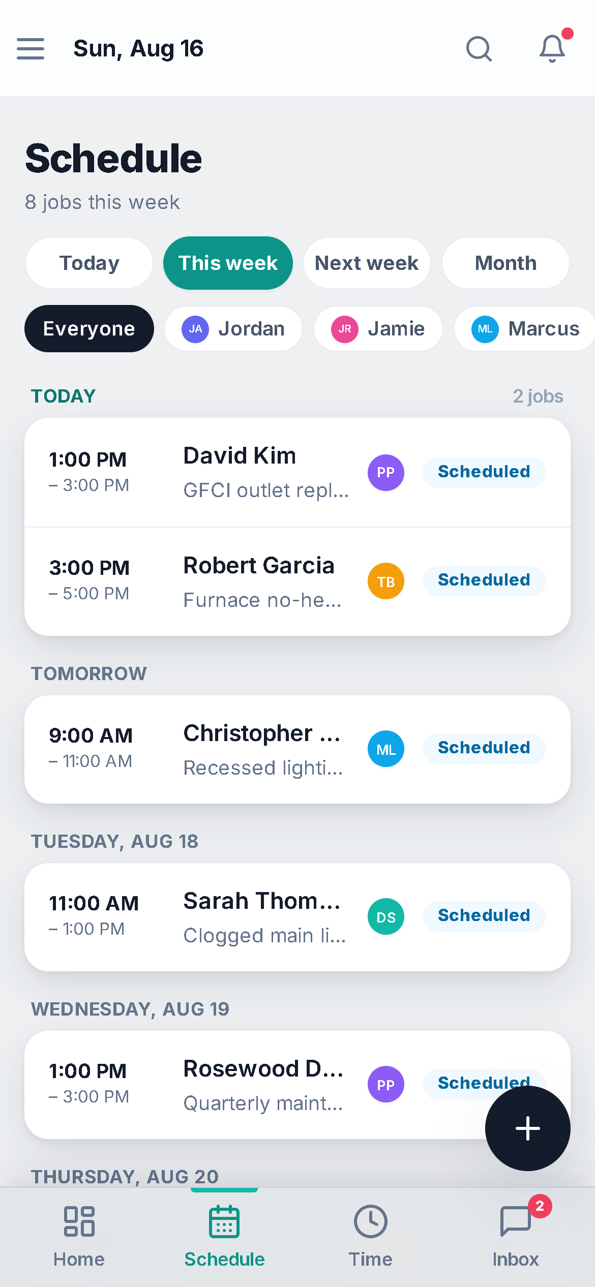 The day's schedule on a phone: the crew's jobs in order with times and addresses