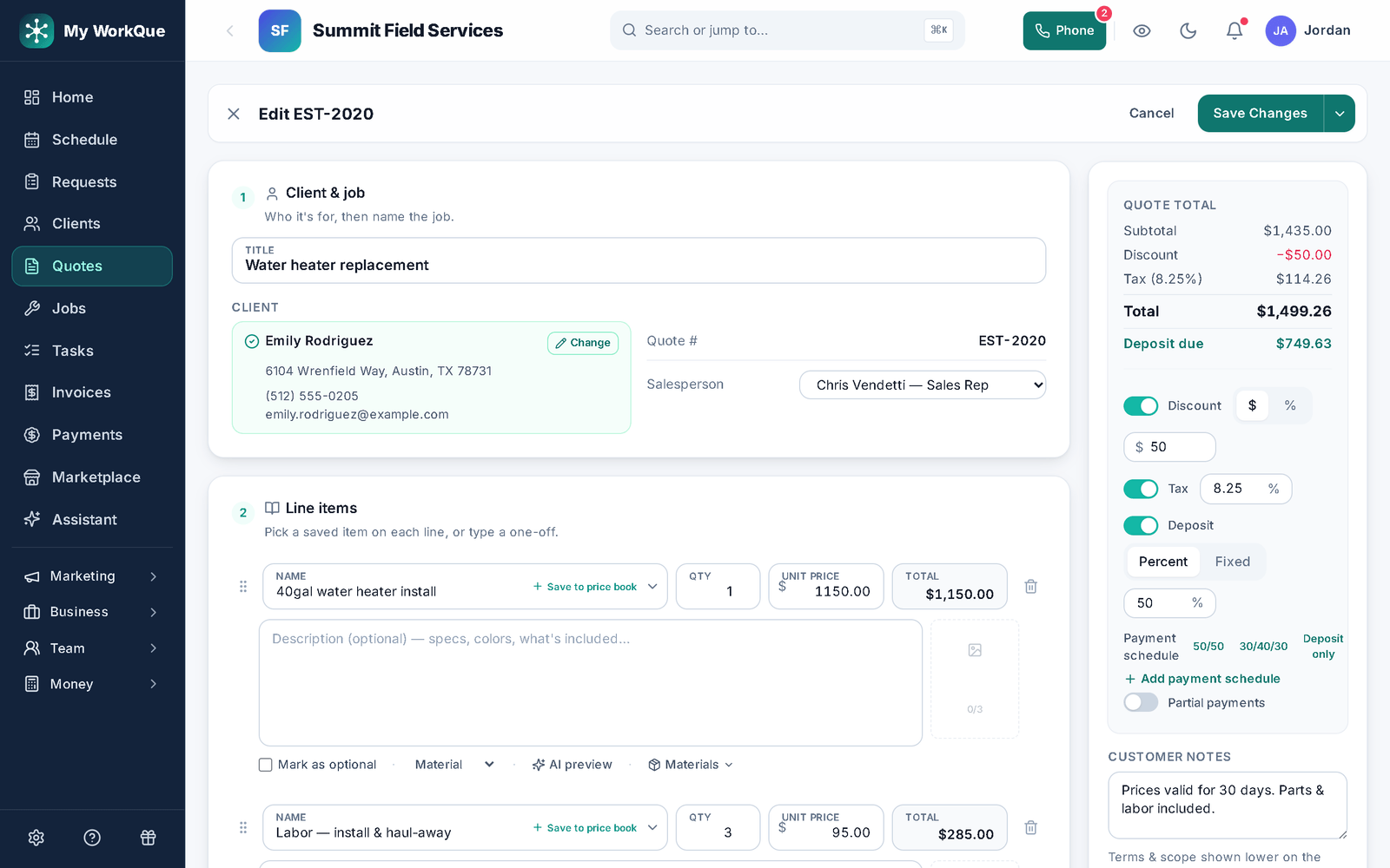 The My WorkQue quote editor: client and job, line items with quantity and unit price, Mark as optional and AI preview on each line, and the quote total with discount, tax and deposit due beside it