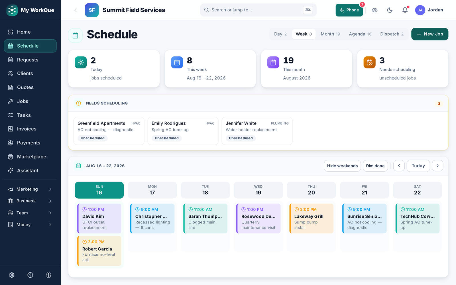 The My WorkQue schedule in week view: jobs laid out by day with crew colours, a Today / This week / This month / Needs scheduling strip, and the Day, Week, Month, Agenda, Dispatch view switch.